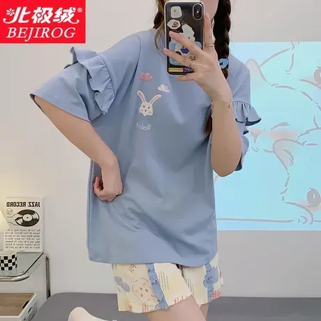 北极绒睡衣女士纯棉夏季可外穿2023全棉短袖短裤薄款家居服大码女商品大图