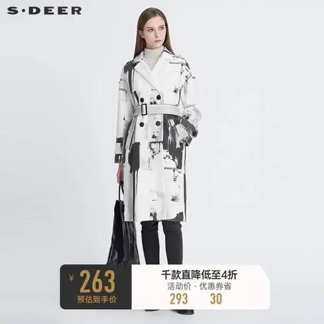sdeer圣迪奥冬季西装领黑白印花双排扣收腰毛呢大衣女S20481843图片