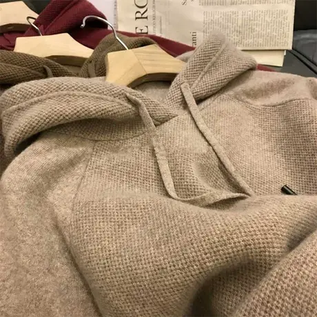 秋冬新款连帽针织衫卫衣女慵懒风宽松华夫格连帽羊绒衫质感外套潮商品大图