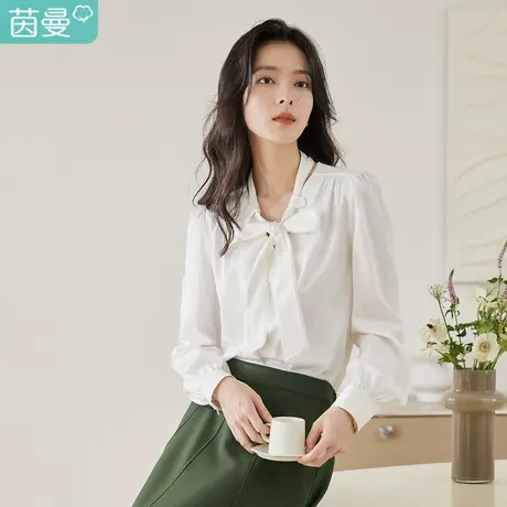 茵曼2023女春秋新款法式复古蝴蝶结绑带长袖衬衫泡泡袖衬衣女图片