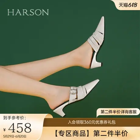 哈森法式时装凉拖女2025夏季新款尖头粗跟包头拖鞋HWM250109图片
