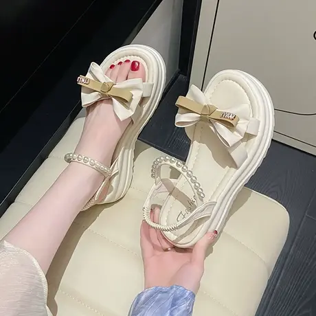 厚底凉鞋女生2025夏季新款仙女风配裙子蝴蝶结罗马鞋34小码沙滩鞋图片
