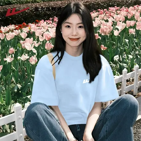 回力蓝色纯棉正肩短袖t恤女款2025新款夏宽松大码半袖上衣体恤Z4商品大图