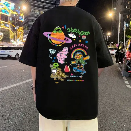 纯棉短袖T恤男夏季2025新款半袖港风男生宽松休闲上衣重磅体恤衫商品大图