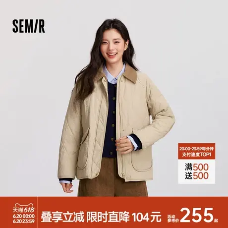 [商场同款]森马棉服女中长款轻薄宽松拼接翻领2024新款冬菱格棉衣图片