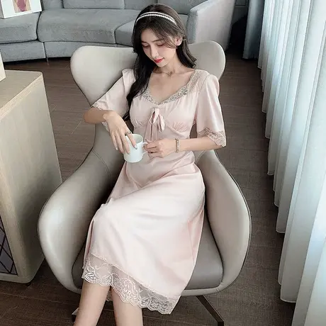 浪莎性感睡裙女夏短袖甜美少女蕾丝镂空冰丝长裙可外穿家居服睡衣商品大图