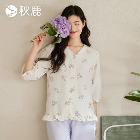 秋鹿睡衣夏天女款新中式国风V领印花七分袖九分裤夏季家居服套装商品大图