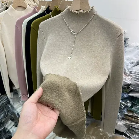 木耳边半高领一体加绒加厚针织打底衫女上衣2022秋冬新款内搭毛衣商品大图