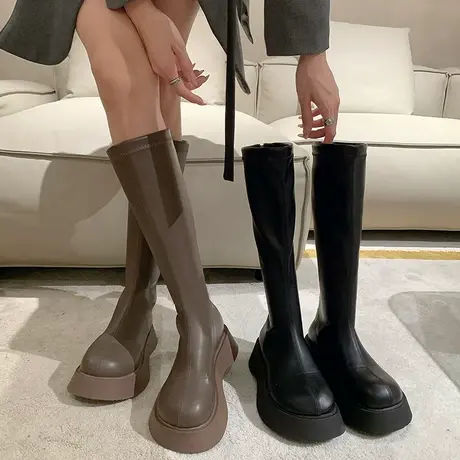 长筒靴女2023年春秋季新款超火时尚百搭不过膝靴子粗跟气质骑士靴图片