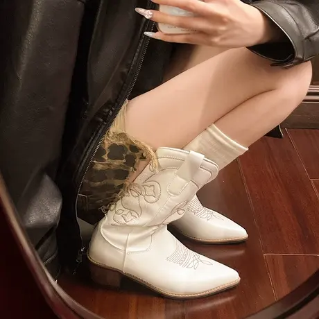 时尚百搭骑士靴女2025年新款秋季爆款粗跟靴子时尚通勤西部牛仔靴商品大图