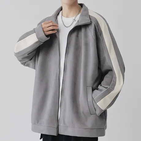 男士灰色休闲外套男潮高级感2023新款麂皮绒翻领夹克秋季拉链开衫商品大图