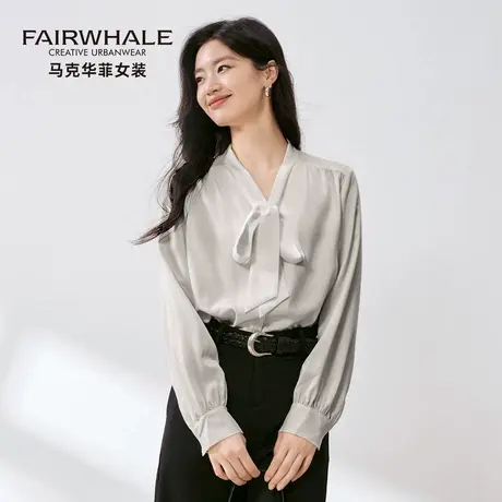 马克华菲法式长袖衬衫女2025秋季新款高级感蝴蝶结飘带领缎面衬衣商品大图