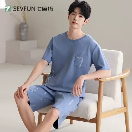 七色纺睡衣男夏季纯棉短袖短裤家居服夏天宽松加肥大码薄款两件套商品大图