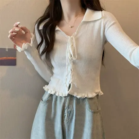 polo领木耳边系带针织衫女早秋季内搭长袖t恤打底衫气质短款上衣图片