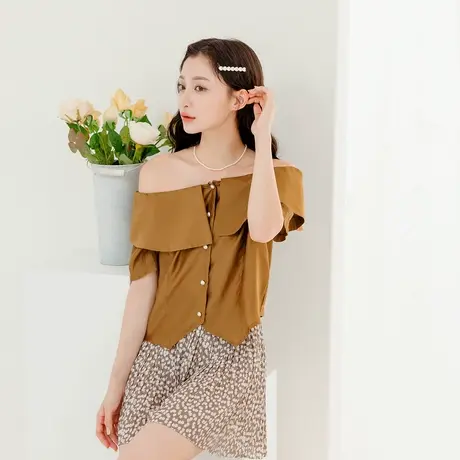 桔熊夏季甜辣炸街一字领衬衫设计感下摆短款上衣女装大码AB18752商品大图