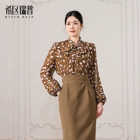 希区瑞普2025年高定新品印花领结飘带衬衫女长袖宽松百搭雪纺上衣商品大图
