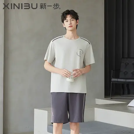 新一步纯棉简约2025新款春夏季短袖短裤睡衣男薄款印花家居服套装图片