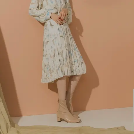 桔熊春秋季舒适飘逸雪纺彩绘印花a字百褶长裙子轻熟女大码CA2174图片