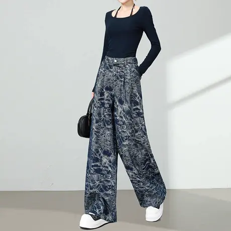 复古印花阔腿牛仔裤女2025秋季新款高腰宽松显瘦提花蓝直筒拖地裤商品大图
