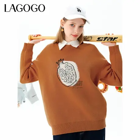 LAGOGO石榴撞色印花毛衣女拉谷谷冬季新款圆领慵懒风针织衫上衣商品大图