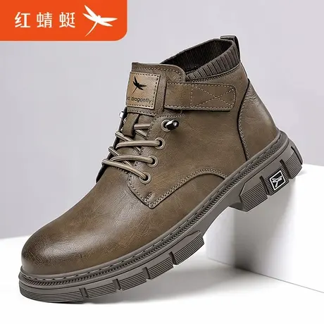 红蜻蜓男鞋冬季新款真皮透气机车马丁靴男士高帮休闲百搭工装皮鞋图片