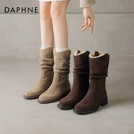 达芙妮加绒中筒靴女2026新款冬季短靴毛毛鞋马丁靴堆堆靴子雪地靴图片