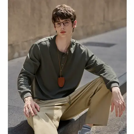 唐狮秋季新款长袖T恤男肌理亨利领纽扣圆领宽松上衣男内搭潮tTMTA商品大图