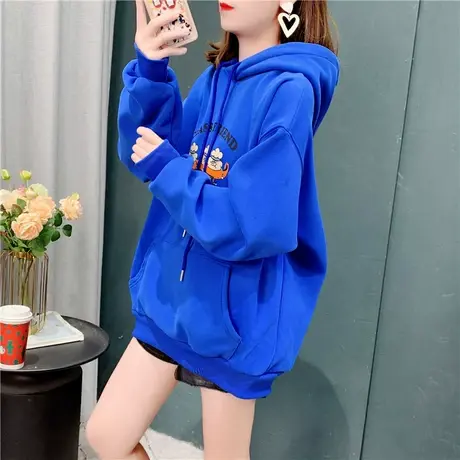 克莱因蓝卡通连帽卫衣女宽松秋冬2021年新款加绒加厚学生上衣外套图片