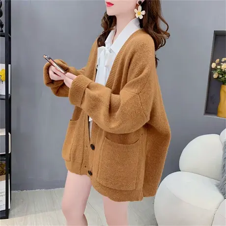 温柔风V领大版针织开衫女早秋2023年新款宽松慵懒风毛衣外套上衣图片