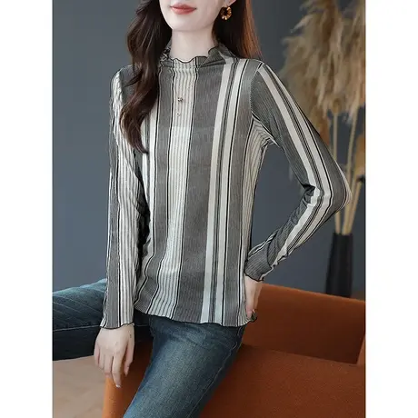 宝诗黎长袖条纹修身打底衫女春秋季2023新款半高领显瘦毛衣针织衫商品大图