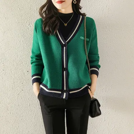 洋气拼色V领针织衫女装开衫2023新款长袖上衣棒球服宽松毛衣外套图片