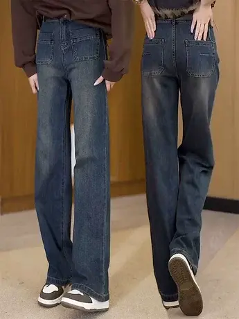 复古港风高腰牛仔阔腿裤女2023秋季新款时尚洋气显瘦直筒裤ins潮商品大图