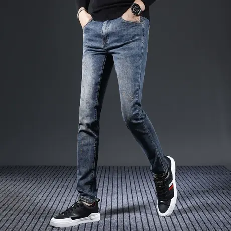 男士牛仔裤男款修身小脚秋冬款复古怀旧蓝高级弹力显瘦男士裤子商品大图