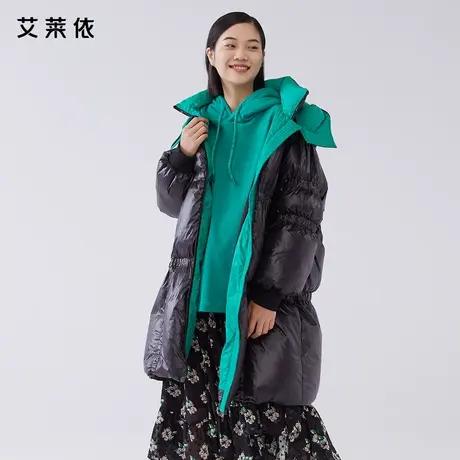 艾莱依反季清仓冬季新款拼接撞色连帽宽松中长款加厚保暖羽绒服女图片