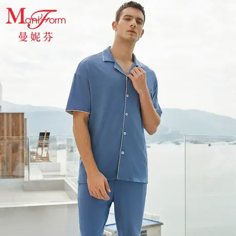 曼妮芬男士翻领家居服套装睡裤棉莫短袖睡衣柔软舒适男生起居服商品大图