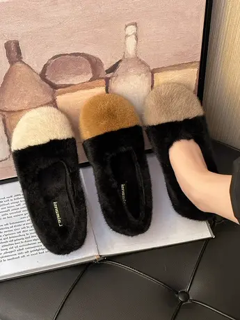 网红拼色羊羔毛毛鞋女冬外穿2023新款加绒豆豆鞋一脚蹬平底棉瓢鞋商品大图