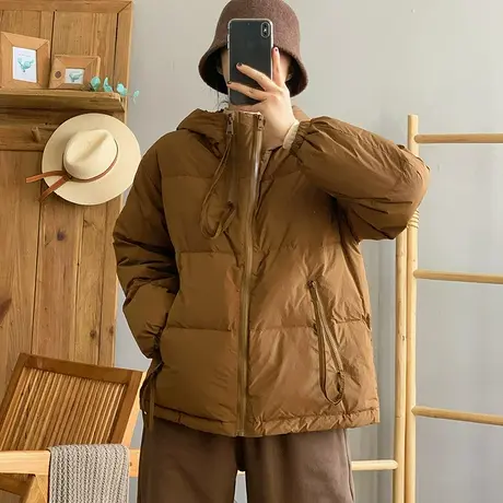dza 复古纯色拉链连帽羽绒服女2023冬新款宽松白鸭绒外套女装上衣商品大图