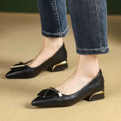 Safiya/索菲娅2023新款二层牛皮浅口粗跟通勤鞋时尚乐福鞋单鞋女商品大图