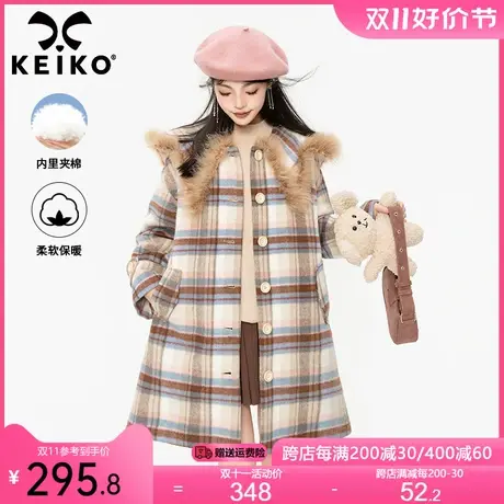 KEIKO [夹棉]学院风格纹毛呢大衣女23冬季英伦复古风中长款厚外套商品大图