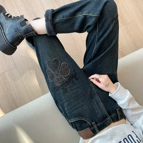 加绒烫钻绣花哈伦裤女秋冬大码高腰宽松显瘦小个子萝卜老爹牛仔裤商品大图
