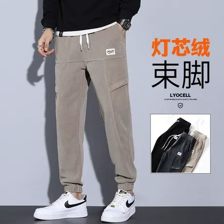 春秋款设计感拼接束脚休闲裤子秋冬季男生日系港风灯芯绒运动卫裤商品大图