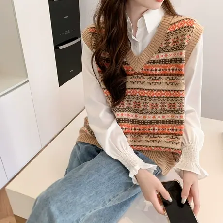 毛衣马甲女新款2023新款秋冬针织背心女复古宽松V领坎肩内搭上衣图片