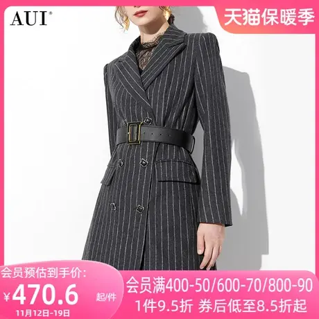 AUI灰色职业气质毛呢西装外套女2023秋冬新款中长款修身呢子大衣商品大图