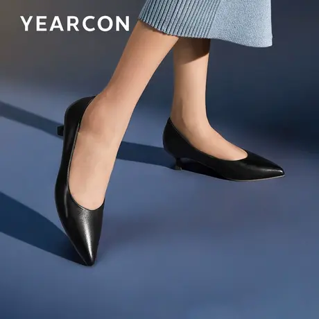 意尔康真皮尖头高跟鞋女黑色细跟百搭职业软皮小跟单鞋正装工作鞋图片