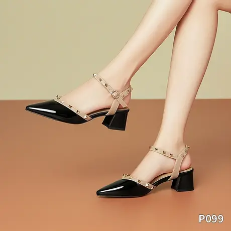 夏季真皮法式包头凉鞋女通勤舒适时尚手工后空羊皮单鞋中跟女鞋商品大图