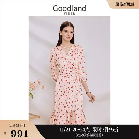 Goodland美地女装2023秋季收褶爱心印花鱼尾裙泡泡袖连衣裙图片