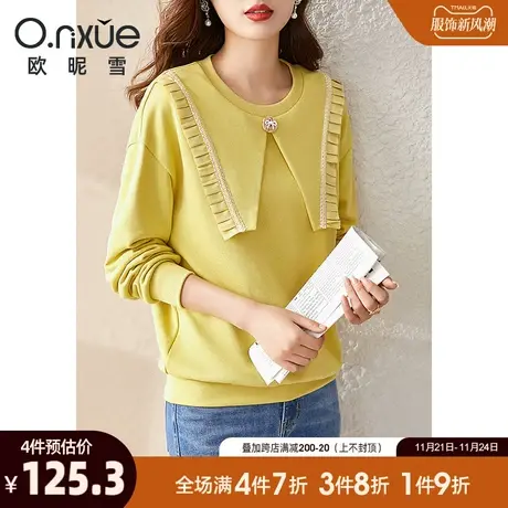欧昵雪2023春秋新款圆领套头织带压褶搭片卫衣女通勤休闲落肩长袖图片
