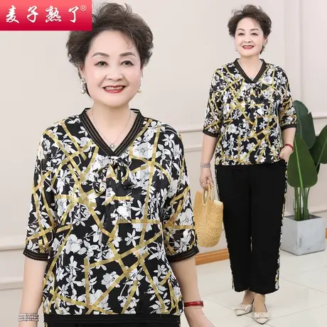 妈妈夏装套装短袖两件套2022新款印花衫上衣阔太太洋气中老年女装商品大图
