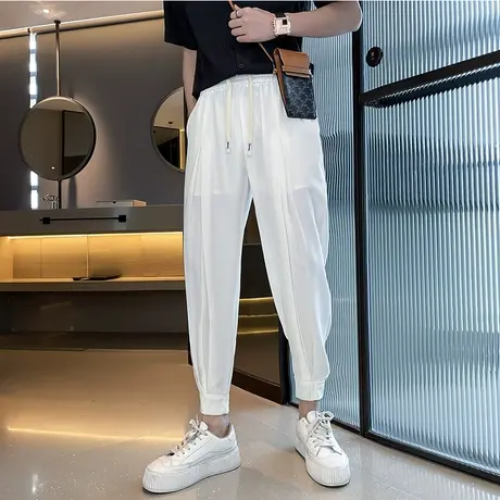 秋季男士裤子休闲裤哈伦裤小西裤纯色宽松潮流束脚运动九分裤长裤商品大图
