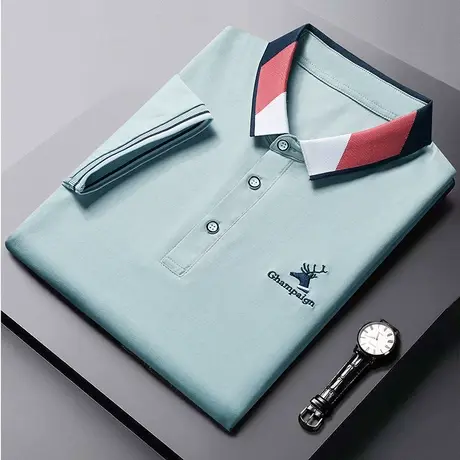 夏季男T潮流翻领宽松体恤衫休闲简约纯色纯棉短袖T恤男上衣Polo衫商品大图